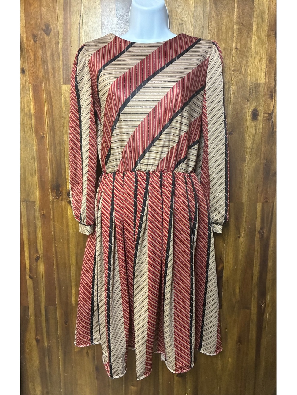 Vintage 80s Aygee Striped Midi Dress Size 10P Made in USA Secretary Dress